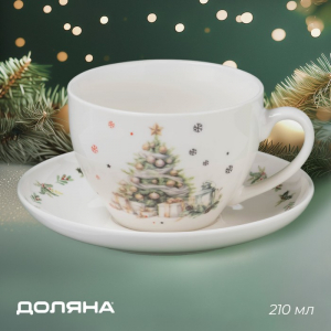 Чайная пара Доляна «Ель», 2 предмета: чашка 210 мл, блюдце d=15 см, фарфор, белая