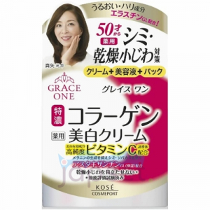 Kose Grace One Whitening Perfect Cream Отбеливающий питательный крем для ухода за зрелой кожей лица, с витамином С и эластином, с нежным ароматом розы, 100 гр