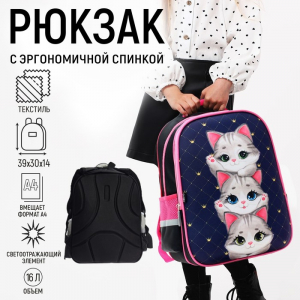 Рюкзак школьный, каркасный, 39?30?14 см «Серые котята»