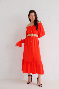 9810 Длинное платье с открытыми плечами красное (остаток: 42, 48)