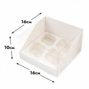 Коробка для 4 капкейков, белая с прозрачной крышкой