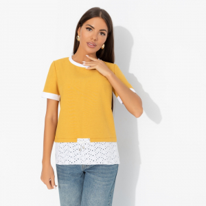 Футболка комбинированная с шитьём, Романтика с перчинкой (горчичная)