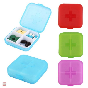 Бокс для таблеток, пластик, 4 ячейки, 6,5х6,5см, 3 цвета