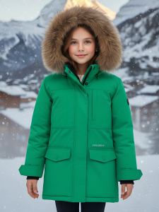 Куртка парка зимняя детская подростковая для девочки с капюшоном и мехом зеленого цвета 9442Z