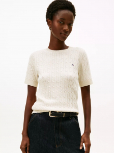 Short-Sleeve Cable Knit Shimmer Sweater
