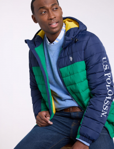 COLORBLOCK WORDMARK HOODED PUFFER JACKET