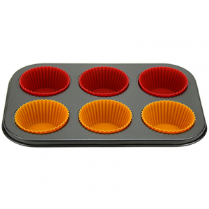 Форма для выпечки с тефлоновым покрытием 26х18см h2,8см, для 6 булочек, с индивидульными силиконовыми вставками 7х3см (Китай)