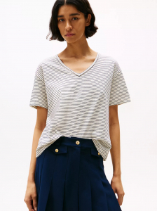 Linen-Blend Stripe V-Neck Top