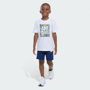 kids'  two-piece short sleeve graphic cotton tee and 3-stripes shorts set