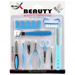 Педикюрный набор 10 предметов: кусачки-книпсер; пилка металлическая; терка для ног; станок (скребок) с лезвием; триммер; ножницы; кусачки-щипчики; пинцет; щетка для ногтей; разделитель для пальцев, цвета в ассортименте: розовый, голубой, в блистере (