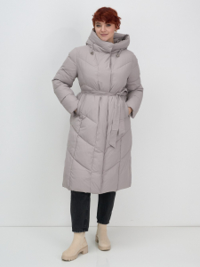 Пальто зимнее утепленное с капюшоном женское серого цвета 7628Sr