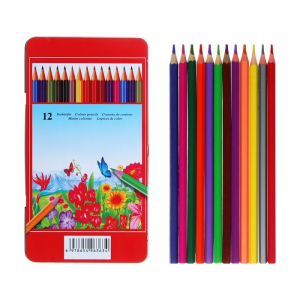 Карандаши цветные акварельные 12 цветов, корпус деревянный, шестигранные, в металлической коробке
