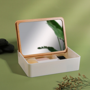 Органайзер для хранения Bamboo, шкатулка для украшений с зеркалом, 4 секции, 18?13?5 см, белый, коричневый