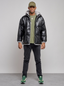 Куртка из экокожи мужская с плюшевым капюшон черного цвета 28132Ch