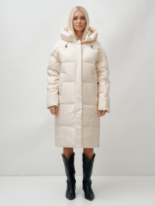 Пальто летучая мышь женское с капюшоном зимнее бежевого цвета 9619B