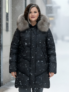 Пальто зимнее утепленное с мехом и капюшоном тренд черного цвета 7745Ch