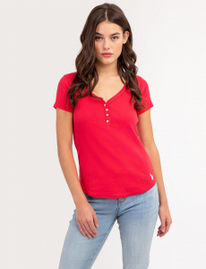 RHINESTONE BUTTON SHORT SLEEVE HENLEY