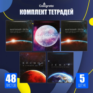 Тетради 5 штук (4 разные, 1 повторяющаяся), 48 листов в клетку «Космос», серые листы, обложка мелованная, блок №2