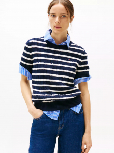 Short-Sleeve Cable Knit Crewneck Sweater
