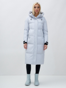 Пальто утепленное стеганное зимнее с капюшоном женское светло-серого цвета 9615SS