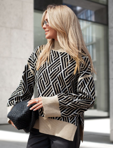 Свитер с боковыми разрезами жаккардовой вязки с кашемиром