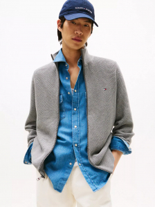 Textured Stitch Zip Mockneck Cardigan