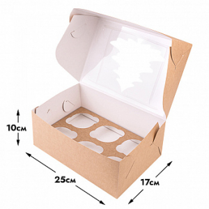 Коробка для 6 капкейков, Крафт с окном 