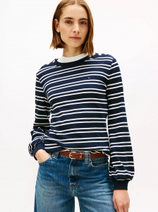 Gold-Button Stripe Crewneck T-Shirt