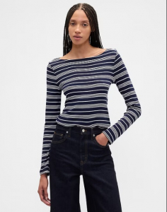 Modern Ribbed Stripe Boatneck T-Shirt