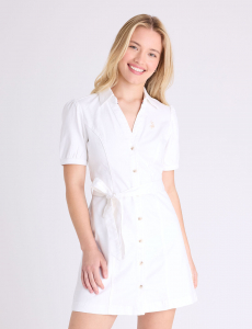 PUFF SLEEVE BELTED DENIM DRESS