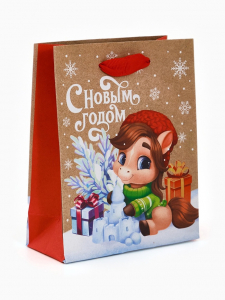 Пакет новогодний крафтовый подарочный «С Новым годом 2026», лошадь, S 12?15?5.5 см