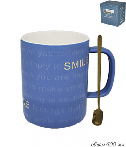 106-025 Кружка 400 мл  с ложкой в под.уп.(х60)Фарфор