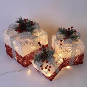 Новогодняя декорация подарочные коробки с подсветкой градиент 25*25/20*20*/15*15 см 3 шт. красные
