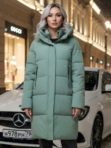 Куртка зимняя женская с капюшоном удлиненная стеганная зеленого цвета 9629Z
