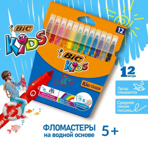 Фломастеры 12 цветов BIC Kids Visa, детские, смываемые, тонкое письмо