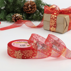 Лента капроновая новогодняя с тиснением «Фигурные снежинки», 25 мм, 23±1 м, красная