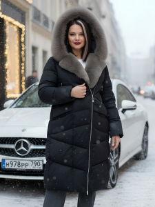Двубортное пальто зимнее утепленное с мехом и капюшоном черного цвета 7626Ch