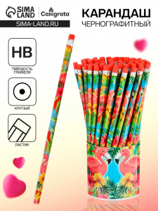 Карандаш простой, чернографитный с ластиком «Фламинго», твёрдость НВ