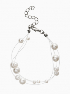 Браслет жемчуг «На леске», 3 нити, бусины №4, 6, 8, цвет белый в серебре, 16 см