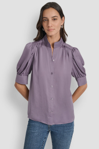 PUFF SLEEVE COLLARLESS SHIRT