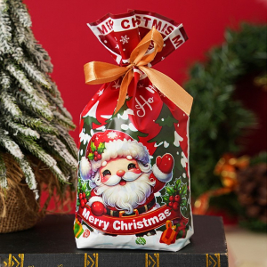 Пакет новогодний с атласной лентой для подарков и конфет 23*15 см. "Дед Мороз" Красный