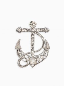 Брошь «Якорь» с бусинками, цвет белый в серебре