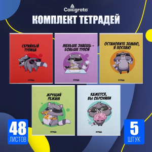 Тетради 5 штук, 48 листов в клетку Calligrata «Дерзкий енот», обложка мелованный картон, блок офсет
