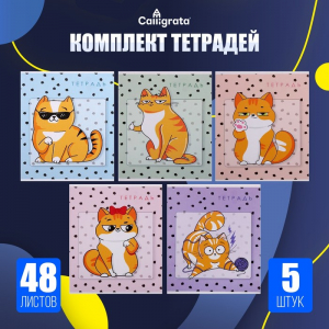 Тетради 5 штук, 48 листов в клетку «Коты», обложка мелованный картон, блок офсет