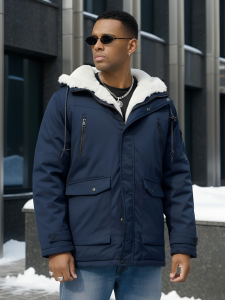 Парка мужская зимняя удлиненная с мехом темно-синего цвета 8761TS