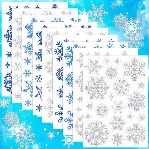 Наклейки СНЕЖИНКИ блестящие с глиттером Универсальные для творчества, Набор 9 листов 14*20 см. 3 цвета
