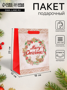 Пакет подарочный ламинированный новогодний Merry Christmas,18?23?10 см