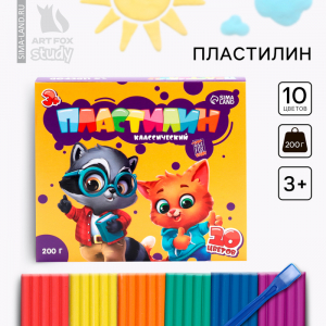Пластилин 10 цветов, 200 г со стеком