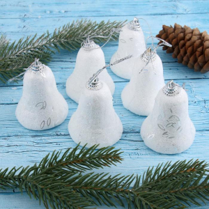 Ёлочные игрушки 6 шт. «Зимнее волшебство. Колокольчик с инеем и блёстками» пластик, 4.5?5 см, белый