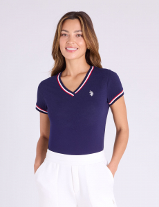 V-NECK SIGNATURE STRIPE TRIM T-SHIRT